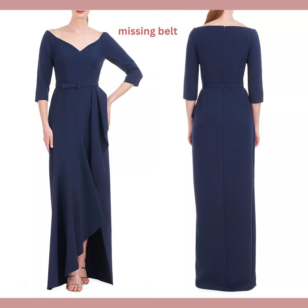 NWD $318 Kay Unger [ 8 ] Midnight Isolde Column Ruffle‎ Gown BELT MISSING Blue